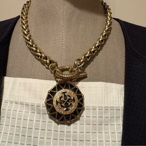 Gold and Black Pendant Necklace, Chunky Chain